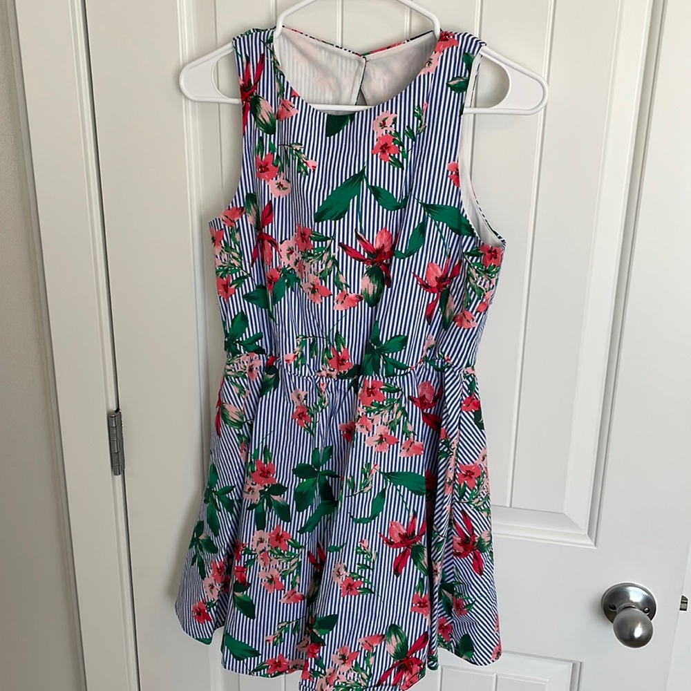 Blue stripes and floral print dress